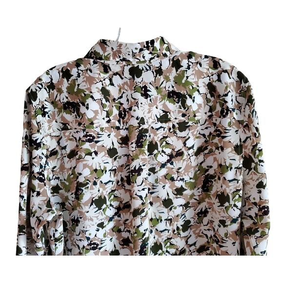 JONES NEW YORK L Shirt Button Up Long Roll Tab Sleeve Green Beige Satiny Bust 42 - Picture 7 of 8